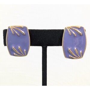 Vintage Purple Enamel Gold Tone Clip On Drop Earrings Leaf Accent